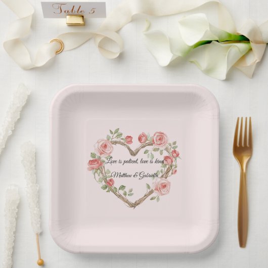 赤面ピンクロマンチックレッドローズフローラハート結婚ズ ペーパープレート (ウェディング)