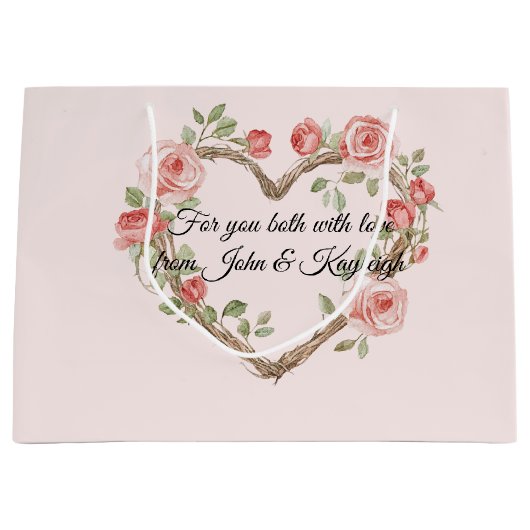 赤面ピンクロマンチックレッドローズフローラハート結婚ズ ラージペーパーバッグ (正面)