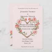 赤面ピンクロマンチックレッドローズフローラハート結婚ズ 招待状 (正面/裏面)