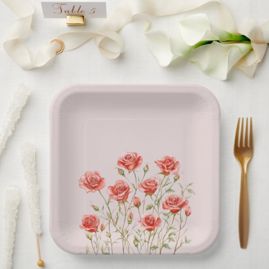 赤面ピンクロマンチックレッドローズブライダルシャワー ペーパープレート (ウェディング)