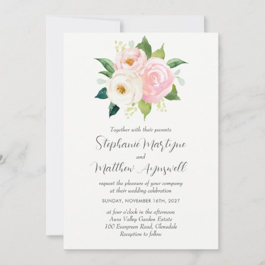 赤面ピンクロモダンーズウォーターカラーフローラ結婚ズ 招待状 (正面)