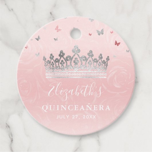 赤面ピンクローズとシルバークラウンサンキューギフト フェイバータグ (正面)