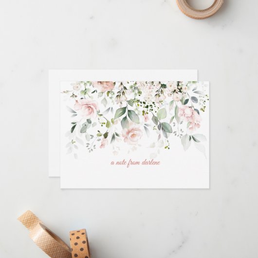 赤面ピンクローズアンドセージグリーンリーノートカード ノートカード (正面/裏面インサイチュ)