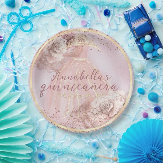 赤面ピンクローズアンド金ゴールドクインセアニラ ペーパープレート (パーティー)