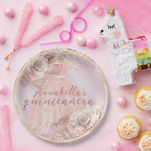 赤面ピンクローズアンド金ゴールドクインセアニラ ペーパープレート (パーティー)