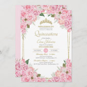 赤面ピンクローズアンド金ゴールドティアラフローラキンセアニェラ 招待状 (正面/裏面)