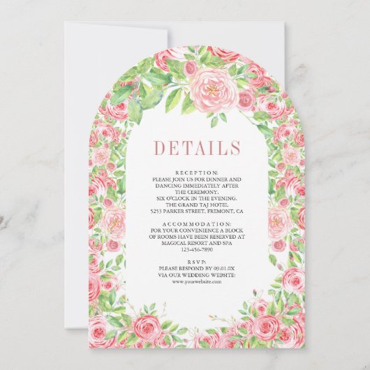 赤面ピンクローズアーチフローラオールインワン結婚ズ 招待状 (裏面)