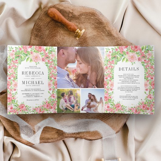 赤面ピンクローズアーチフローラフォトコラージュ結婚ズ 三つ折り招待状