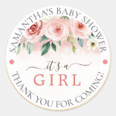 赤面ピンクローズウォーターカラーガールベビーシャワースクエア ラウンドシール (正面)