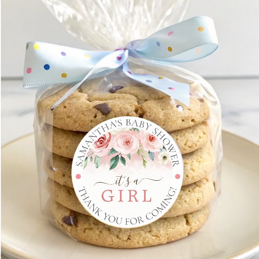 赤面ピンクローズウォーターカラーガールベビーシャワースクエア ラウンドシール