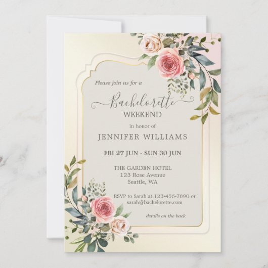 赤面ピンクローズウォーターカラーバチェロレッテ週末 招待状 (正面)