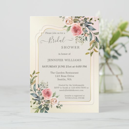 赤面ピンクローズウォーターカラーブライダルシャワーインビタティ 招待状 (スタンド正面)