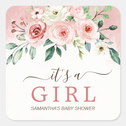 赤面ピンクローズウォーター色ガールベビーシャワー スクエアシール (正面)