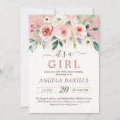 赤面ピンクローズウォーター色ガールベビーシャワー 招待状 (正面)