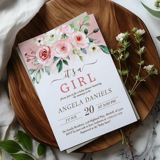 赤面ピンクローズウォーター色ガールベビーシャワー 招待状