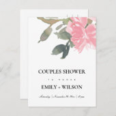 赤面ピンクローズウォーター色フローラカップルのシャワー インビテーションポストカード (正面/裏面)