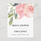 赤面ピンクローズウォーター色フローラブライダルシャワー インビテーションポストカード (正面)