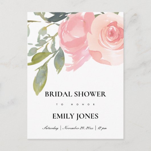 赤面ピンクローズウォーター色フローラブライダルシャワー インビテーションポストカード (正面)