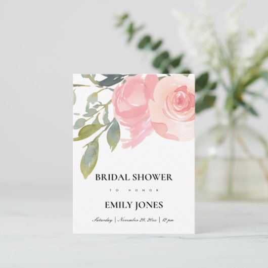 赤面ピンクローズウォーター色フローラブライダルシャワー インビテーションポストカード (スタンド正面)