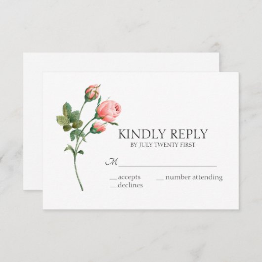 赤面ピンクローズエレガントなフローラ 出欠カード (正面/裏面)