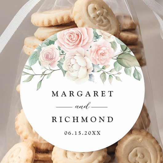 赤面ピンクローズエレガントな結婚式 ラウンドシール
