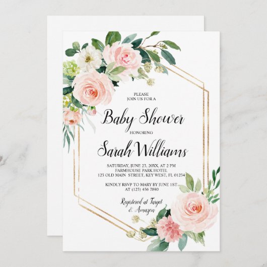 赤面ピンクローズエレガントベビーシャワー 招待状 (正面/裏面)