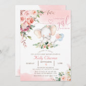 赤面ピンクローズエレファントベビージャーシャワー 招待状 (正面/裏面)