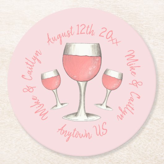 赤面ピンクローズオールデイロゼワインブライダルシャワー ラウンドペーパーコースター (正面)