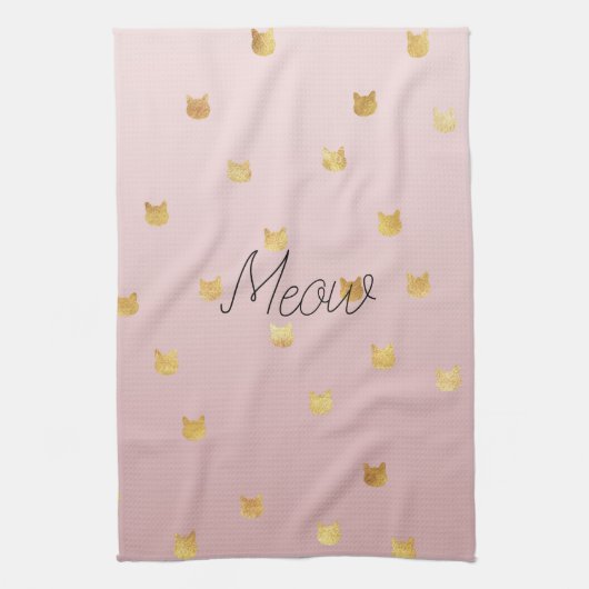 赤面ピンクローズグラデーション金ゴールドネコ キッチンタオル (縦)