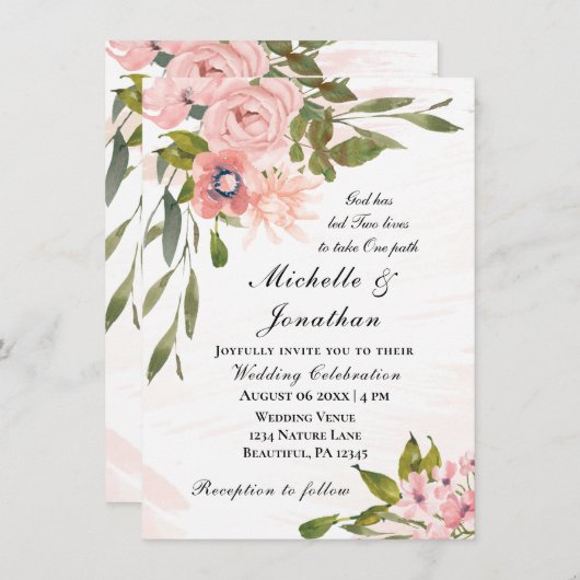 赤面ピンクローズグリーンリークリスチャン結婚ズ 招待状 (正面/裏面)