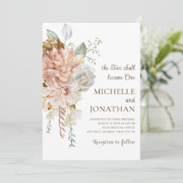 赤面ピンクローズグリーンリーフローラクリスチャン結婚ズ 招待状