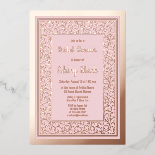 赤面ピンクローズゴールドフォイルフローラブライダルシャワー 箔招待状 (正面)