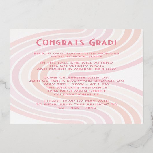 赤面ピンクローズゴールドフォイル卒業発表 箔招待状 (裏面)