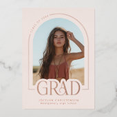 赤面ピンクローズゴールドフォイル卒業発表 箔招待状 (正面)