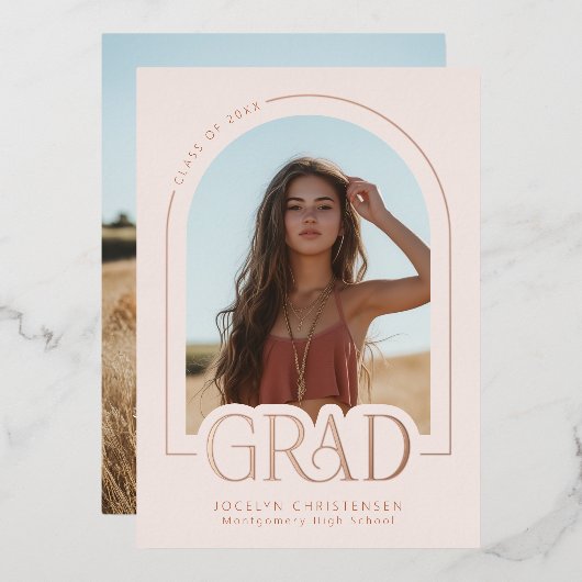 赤面ピンクローズゴールドフォイル卒業発表 箔招待状 (正面/裏面)