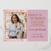 赤面ピンクローズゴールドフォイル卒業発表 箔招待状 (正面)