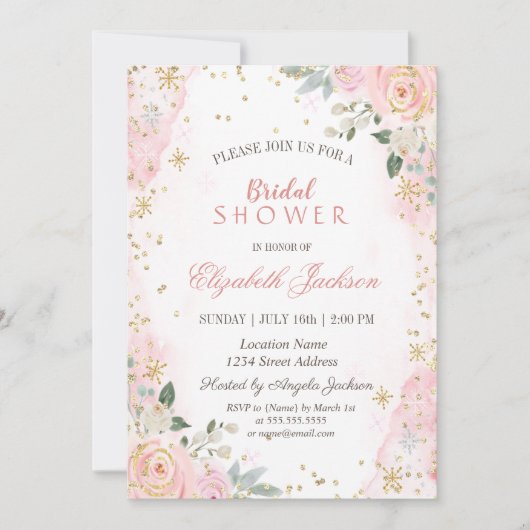 赤面ピンクローズスノーフレークブライダルシャワー 招待状 (正面)