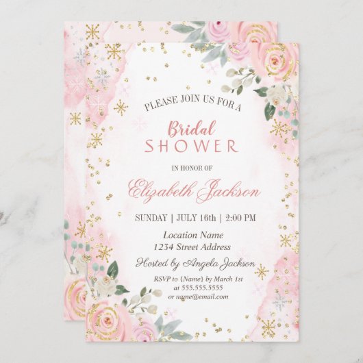 赤面ピンクローズスノーフレークブライダルシャワー 招待状 (正面/裏面)