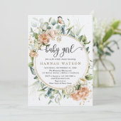 赤面ピンクローズセージEucalyptus女の子ベビーシャワー 招待状 (スタンド正面)