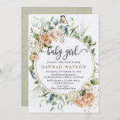 赤面ピンクローズセージEucalyptus女の子ベビーシャワー 招待状 (正面/裏面)