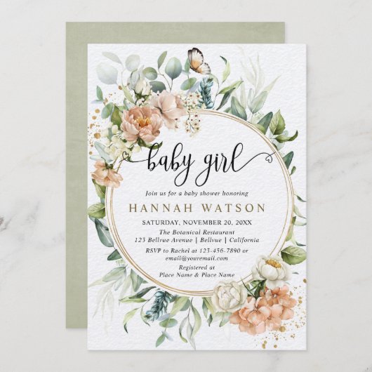 赤面ピンクローズセージEucalyptus女の子ベビーシャワー 招待状 (正面/裏面)