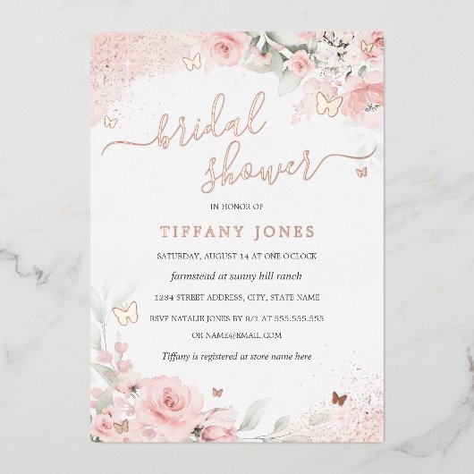 赤面ピンクローズバタフライフローラブライダルシャワー 箔招待状 (正面)