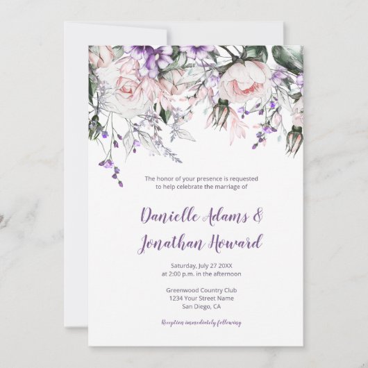 赤面ピンクローズパープルワイルドフラワー結婚ズ 招待状 (正面)
