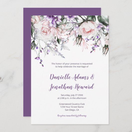 赤面ピンクローズパープルワイルドフラワー結婚ズ 招待状 (正面/裏面)