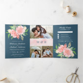 赤面ピンクローズフォトコラージュダスティブルー結婚ズ 三つ折り招待状 (内部)