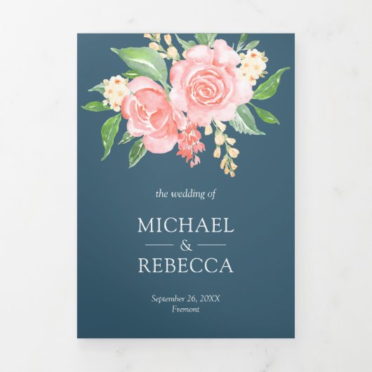 赤面ピンクローズフォトコラージュダスティブルー結婚ズ 三つ折り招待状 (カバー)