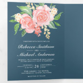 赤面ピンクローズフォトコラージュダスティブルー結婚ズ 三つ折り招待状 (内部最初)