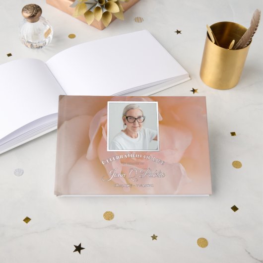 赤面ピンクローズフラワーお祝いオブ・ライフ ゲストブック (正面見開き)