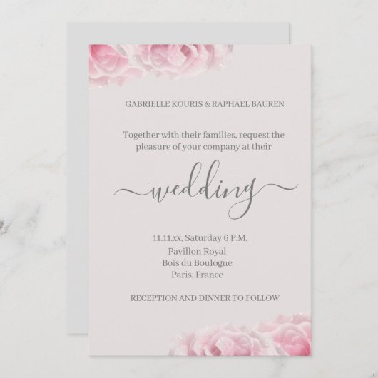 赤面ピンクローズフラワーグレーエレガントフローラ結婚ズ 招待状 (正面/裏面)