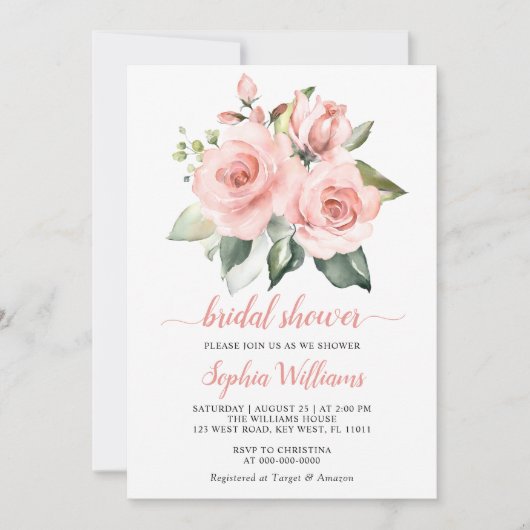 赤面ピンクローズフラワーズグリーンブライダルシャワー 招待状 (正面)